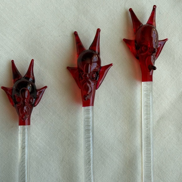 Handmade Other - 3 Hand blown Glass Devil Swizzle Sticks with Pitch Fork 👺